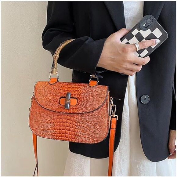 Neiman Marcus Bamboo Handle Crocodile Print Top Handle Bag - Picture 6 of 8